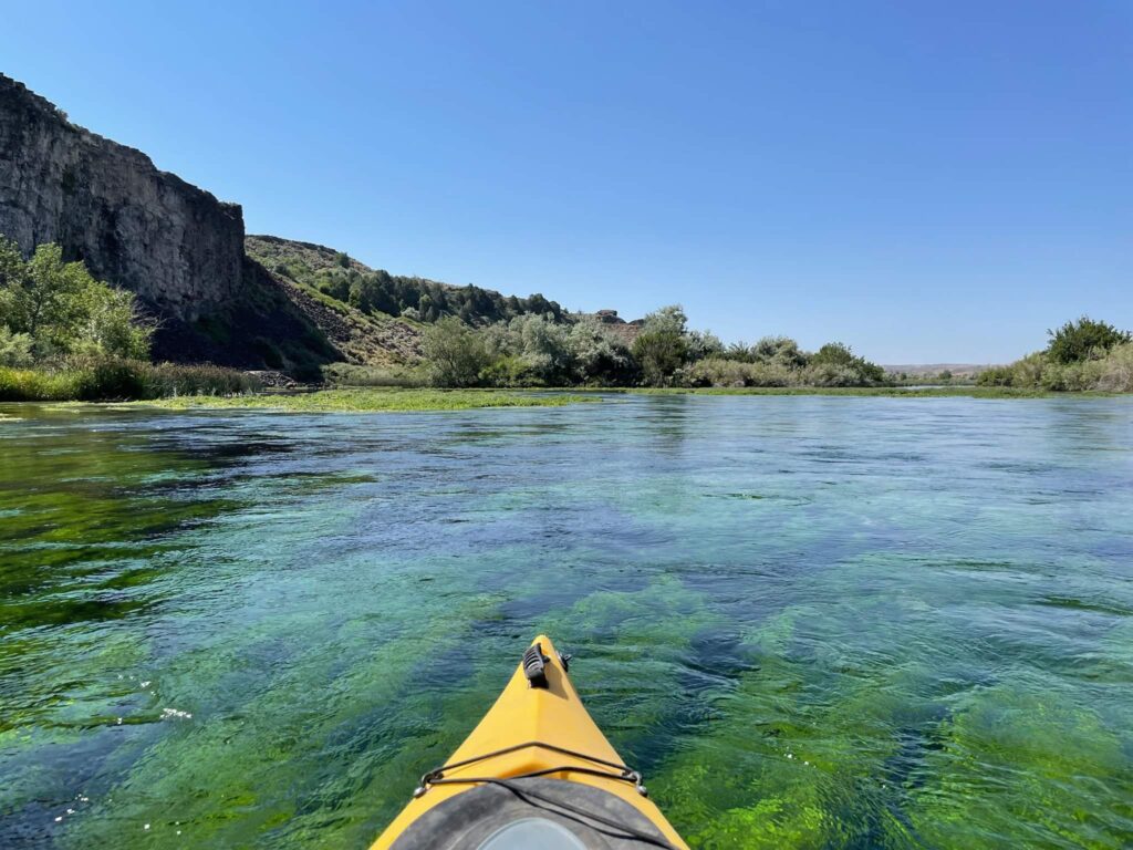 Kayaking in the stream along Ritter Island. Pristine clear spring waters.